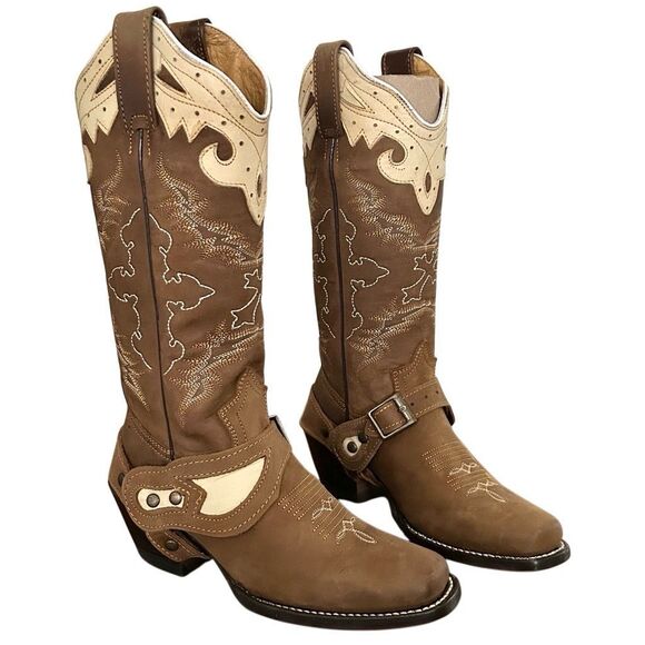 Minotauro Western Leather Cowgirl Boots Brown & Cream Size 6.5 NEW in Box - Picture 1 of 16
